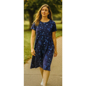 Coldwater Creek Blue Floral Short Sleeve large petite Shift Dress PL USA